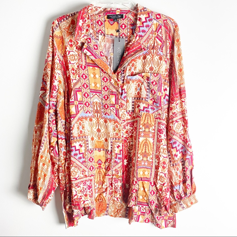 Rachel Zoe Aztec Tribal Print Oversized Button Down Boho Shirt Top Blouse Med